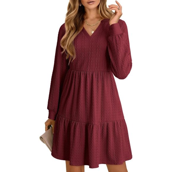 Women’s Fall V Neck Textured Ruffle A-Line Mini Dress Lightweight Casual - Picture 1 of 6